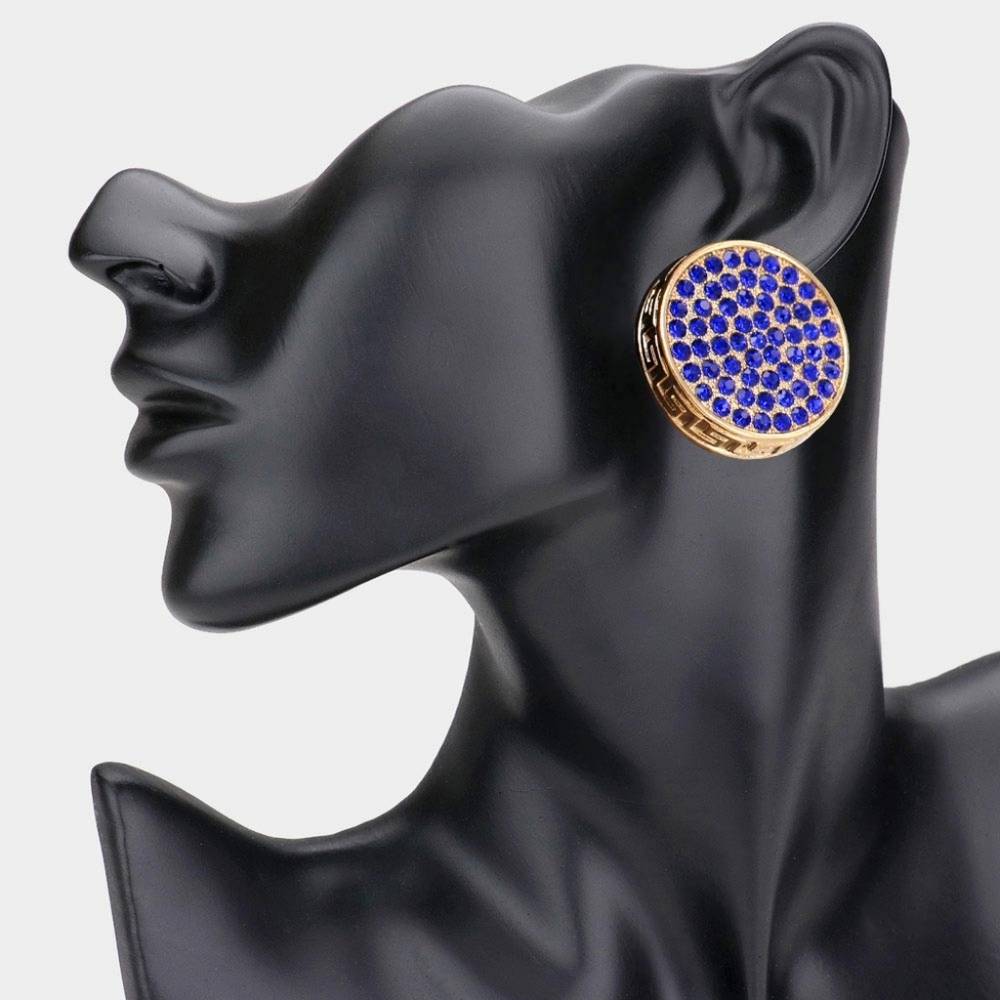 Sapphire Blue Gold Greek Key Patterned Rhinestone Crystal Round Stud Earrings